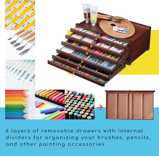 MEEDEN 6-drawer Wood Artist Supply Storage Box, Portable Beechwood Multifunctional Pencil Brush Organizer Wood Box with Drawer&Compartments for Pastels, Pencils, Pens, Makeup Brushes(Deep Walnut)