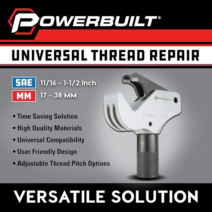 Powerbuilt Universal Thread Repair Tool 11/16" - 1-1/2" SAE / 17-38mm Metric - Fix Damaged Threads Tool - 643029ECE
