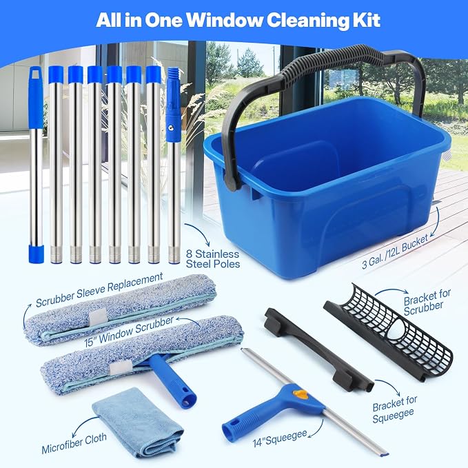 10Ft Window Cleaning Kit with Bucket 3 Gallon, 14" Window Squeegee and 15" Scrubber with 3m Long Handle, Professional Window Cleaning Equipment Washing Kit Cleaner Tool for Home Outdoor Commercial Use