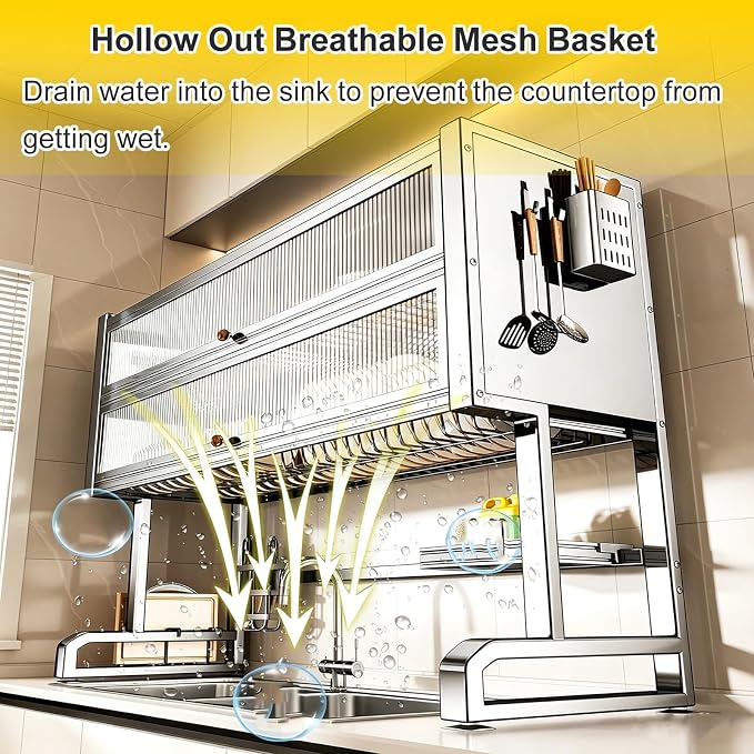 2 Layer Over The Sink Dish Rack with Cabinet Doors, 304 Stainless Steel Dish Drying Rack Over The Sink, Dustproof and Rustproof, Can Store Bowls, Plates, and Knives(77cm/30in)
