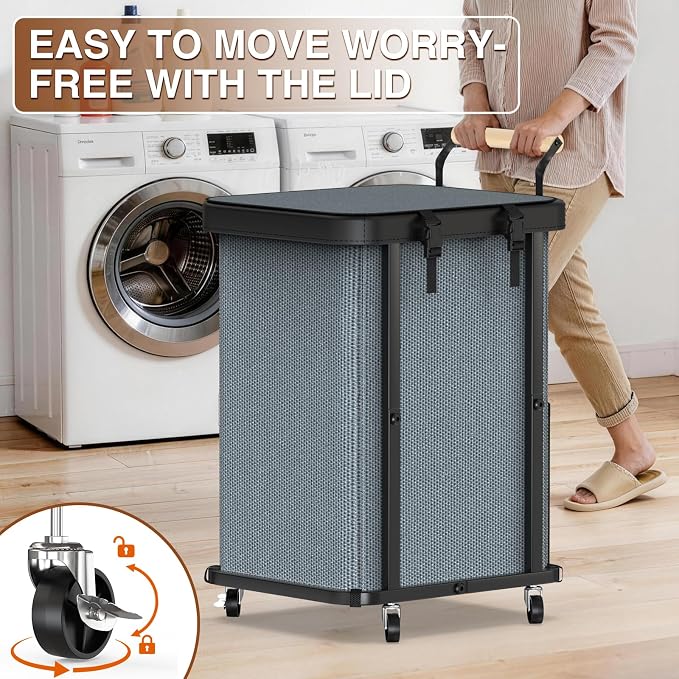 Laundry Hamper with Lid,Leather Patchwork Laundry Basket with Wheels Grey | 150L Rolling Laundry Basket with Bag & Handles,Laundry Basket Organizer for Laundry Room,and Bathroom,Laundry Room