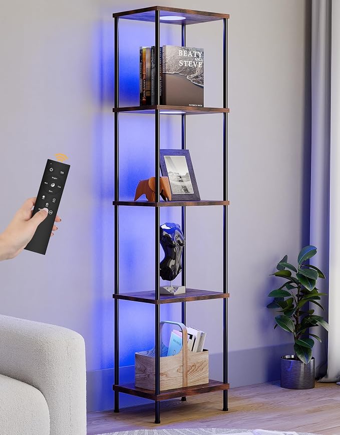 Display Shelf with RGBW Light, Color Changing Curio Cabinet Floor Lamp with Shelves Corner Standing Column Lamp Etagere Organizer Tower Nightstand Bookcase for Living Room Bedroom Office Décor, Brown