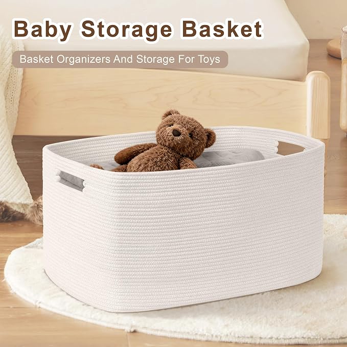45L Small Woven Laundry Basket Hamper with Handles, White | collapsible wicker hamper, storage for dirty clothes, toys, blankets, gifts, living room, bedroom, bathroom, 18"x14"x11"