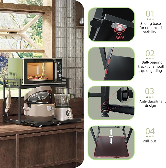 NETEL 2 Tier Expandable Microwave Stand countertop,Microwave Oven Rack | Pull-Out Microwave Shelf, storage shelf for pans &appliances,Adjustable partition height，8 Hooks,55lbs max load,Black