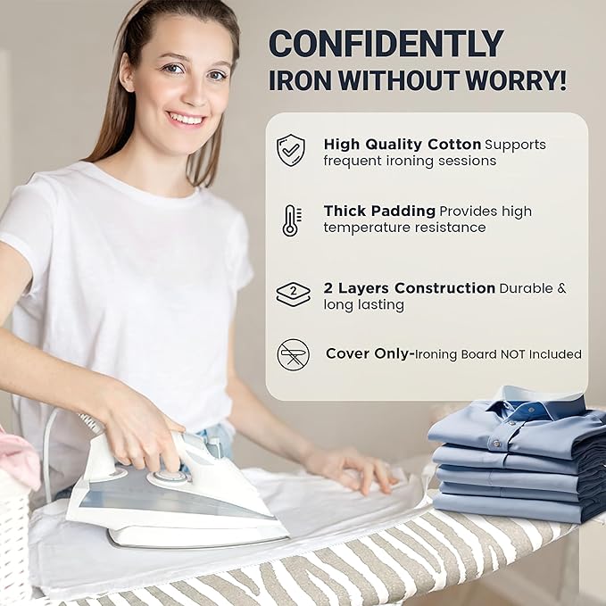 UniSimp Ironing Board Cover and Pad 15"x54" Extra Thick Natural Cotton, Scorch and Stain Resistant Padding, Standard Size Iron Board Cover with Fasteners Heavy Duty Elastic Edge, Heatproof Zebra