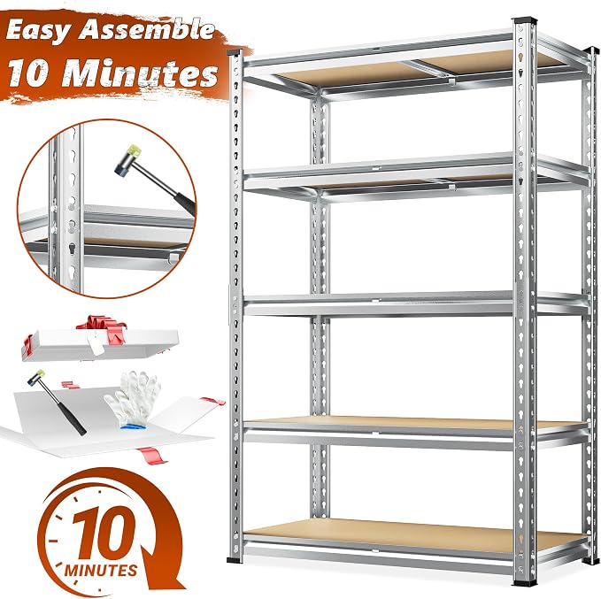 REIBII 5 Tier Garage Shelving for Pantry Garage, Adjustable Storage Shelves | 35.5" W x 11.9" D x 72" H, Holds 2400 Lbs, Silver, 5 Reinforcing Ribs, Steel Frame with Powder Coat, Freestanding