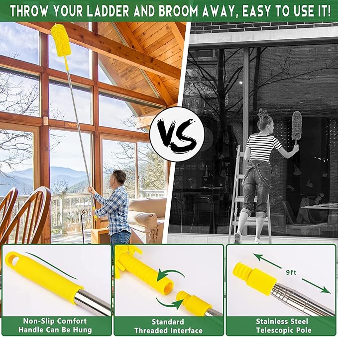 17FT Extendable Duster, 2-9 ft Extension Pole for High Ceilings | Sturdy Stainless Steel Pole , Replaceable Cobweb and Microfiber Heads Cleans Ceiling Fans, Corners and Hard-to-Reach Areas