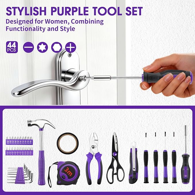 General Household Tool Set - Purple Hand Tool Kit with Waist Pouch & Gloves, Tool Kit for Women Everyday Home Repairs, DIY and Crafts, 112 pcs