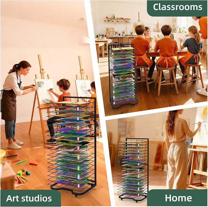 Art Drying Rack for Classroom,Paint Drying Rack On Wheels with 19 Removable Shelves,Study Metal Art Storage Rack for Art Studios,Schools