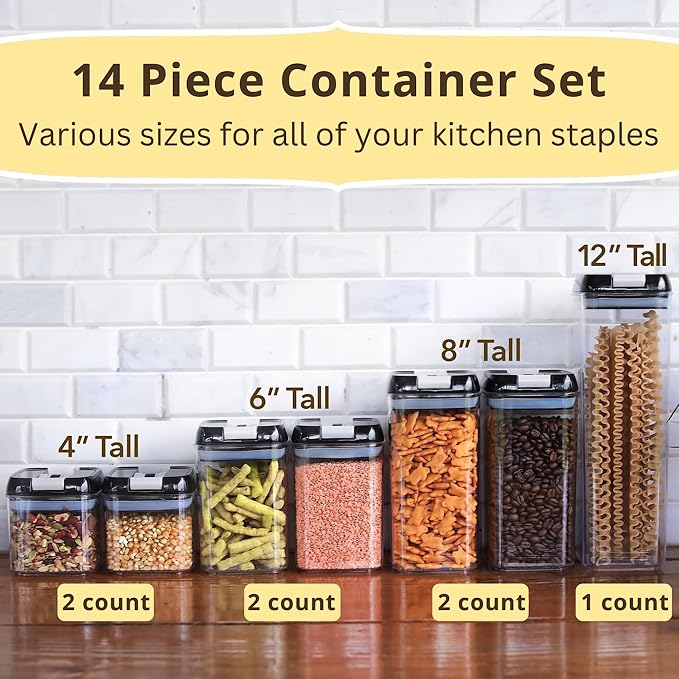 Simply Gourmet Airtight Food Storage Containers with Lids – 7 Piece Assorted Size Kitchen Pantry Organization Set, BPA-Free Clear Plastic, Stackable Containers for Cereal, Flour, Sugar, Rice, Snacks