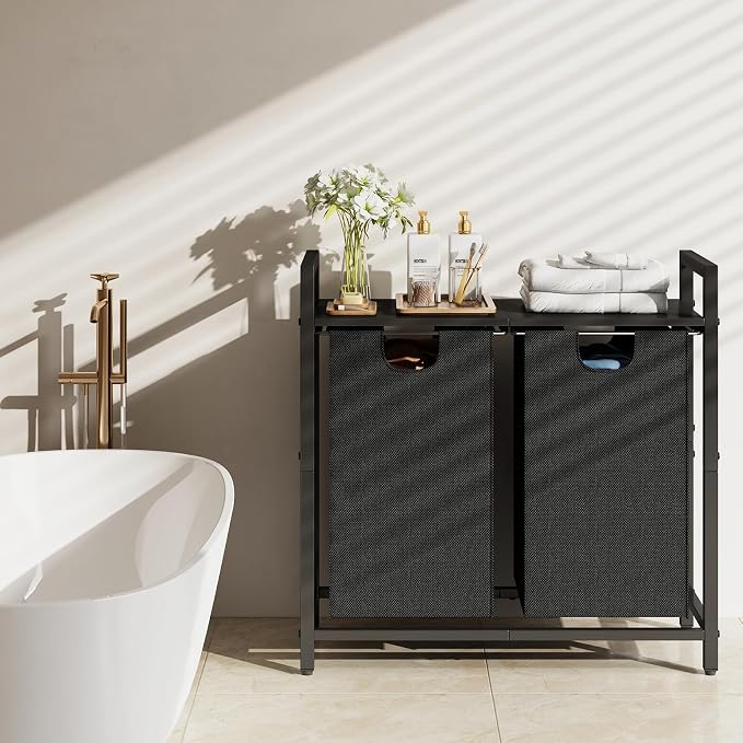 Kitstorack Laundry Basket Organizer, Laundry Hamper with Shelf & 2 Pull-Out Removable Bags, Dirty Clothes Hamper Organizer for Laundry Room Bathroom and Dorm, 2 x 11.8 gallons (44.5L)
