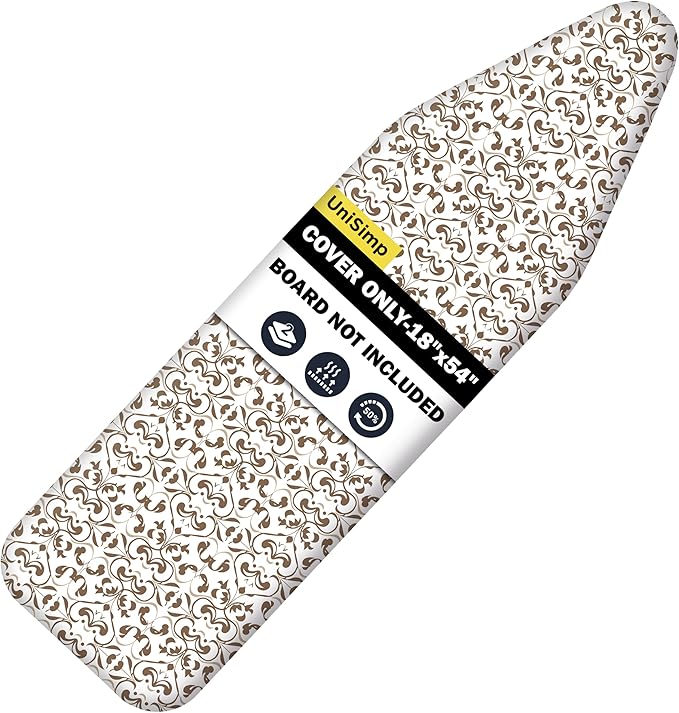 UniSimp Ironing Board Cover and Pad 18"x54" Extra Thick Natural Cotton, Scorch and Stain Resistant Iron Board Cover,Extra Large Iron Board Cover with Fasteners Heavy Duty Heatproof Elastic Edge Taupe