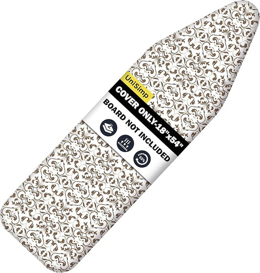 UniSimp Ironing Board Cover and Pad 18"x54" Extra Thick Natural Cotton, Scorch and Stain Resistant Iron Board Cover,Extra Large Iron Board Cover with Fasteners Heavy Duty Heatproof Elastic Edge Taupe