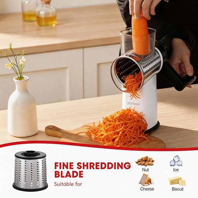 Rotary Cheese Grater Hand Crank with Foldable Handle, 3 Stainless Steel Blades, Perfect Graters for Kitchen, Manual Cheese Shredder Hand Crank with Suction Base, Rotary Grader (White)