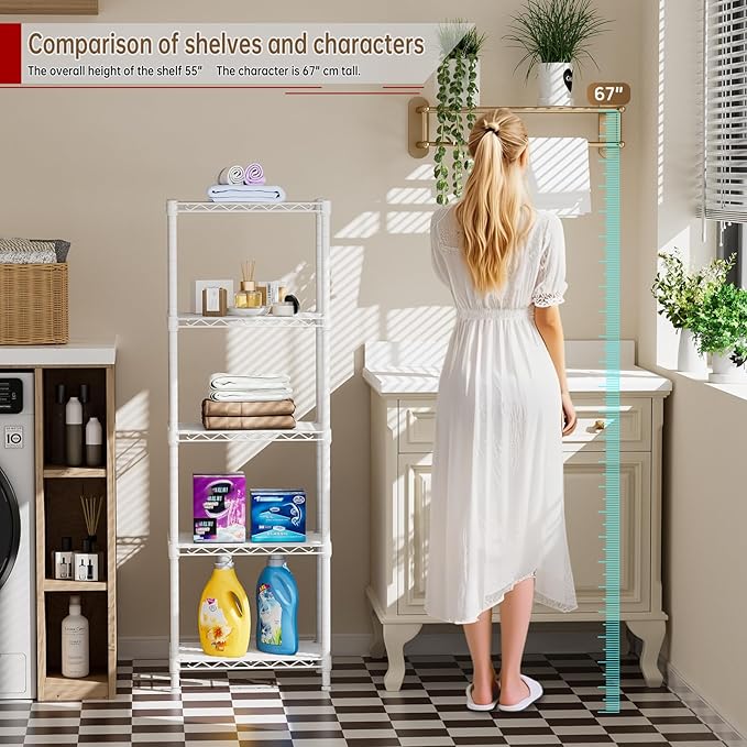 Golpart 5Tier Adjustable Storage Shelves Metal Wire Shelving Standing Shelf | Utility Heavy Duty Unit Rack Closet Organize for Home Kitchen Laundry Room Organization Pantry 10"Dx16"Wx55"H White
