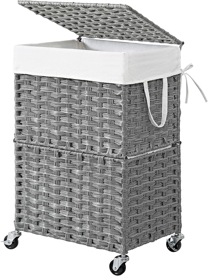 Chrislley Wicker Laundry Basket with Wheels,Rolling Laundry Hamper with Lid | 90L Slim Clothes Hamper with Wheels & Removable Liner Bag, Handwoven Rattan Laundry Organizer for Bedroom, Bathroom, Grey