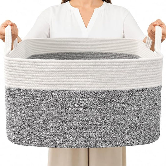 65L Laundry Basket with Handles, Woven Blanket Basket, White/Grey | 21"×16"×12" Collapsible Cotton Rope Storage Basket for Toys Clothes & Pillows, Nursery, Bathroom, Bedroom, Living Room