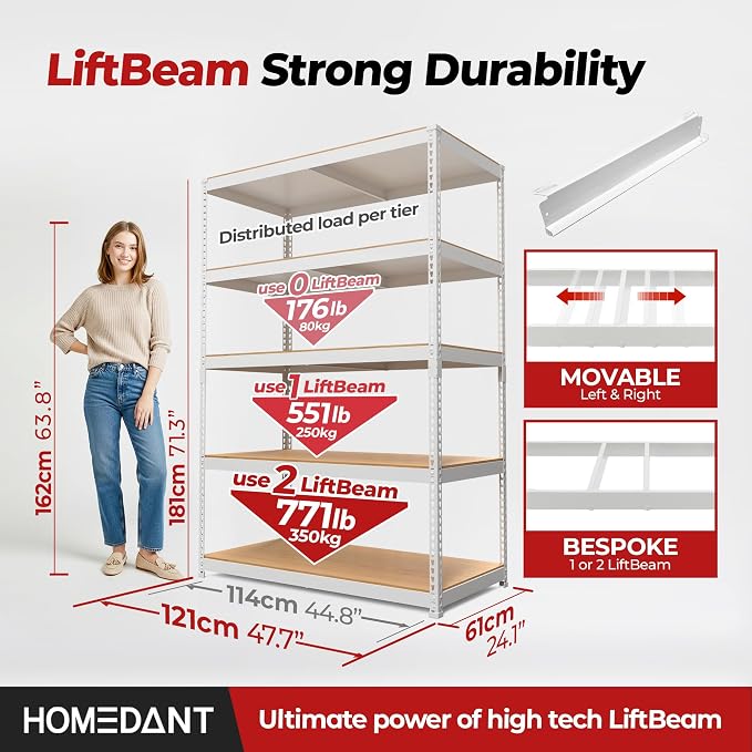 HOMEDANT 47.7" W Deep 5 Tier Heavy Duty Garage Shelving Adjustable Metal Rack Storage Shelves Standing Shelf Unit Organizers Industrial Warehouse Basement White 2Pack