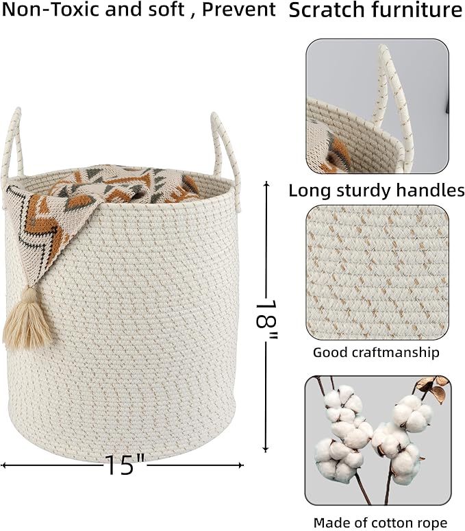 XUANGUO Cotton Rope Laundry Basket Hamper for Clothes, striped | Woven Storage Basket for Living Room Bedroom Boho Tall Rope Baskets for Blanket Toys Pillow Towels Baby Nursery Hamper Bin