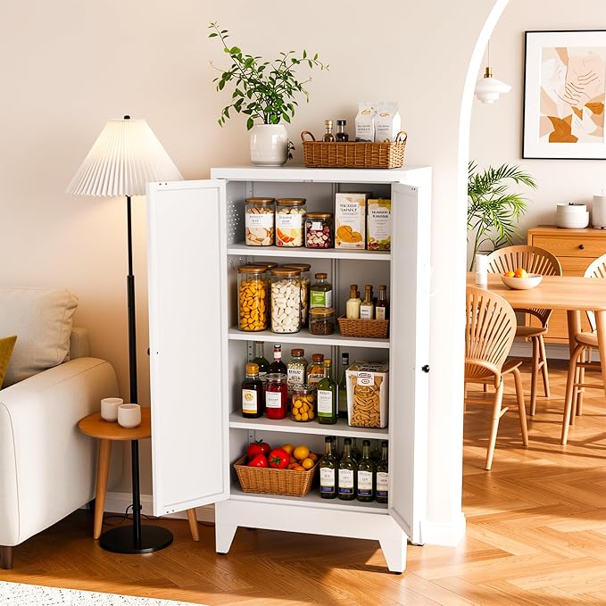 AQY Metal Pantry Cabinet with Adjustable Shelves, White Kitchen Pantry Storage Cabinet with 2 Doors, Freestanding Storage Cupboard Organizer for Dining Room, Living Room, Bathroom