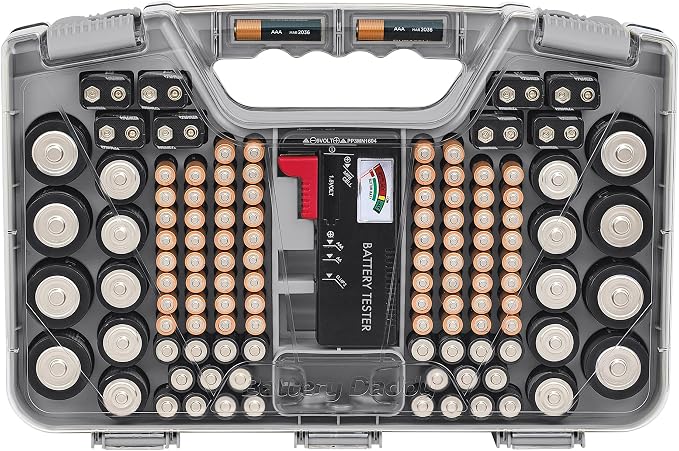 Battery Daddy Storage&Organizer Case w/Tester,Stores&Protects Up to 180 Batteries,Double-Sided,Clear Locking Lid,Secure Latches_&Portable Carrying Handle-Warm Grey (Batteries Not Included) (Pack of 4)