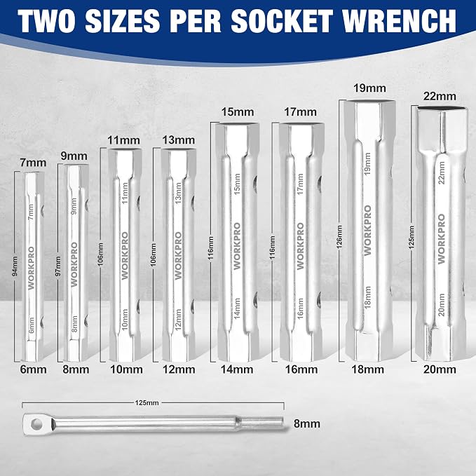 WORKPRO 9-Piece Shower Valve Socket Wrench Set with Bar Handle | Dual-Ended Socket Wrench for Bathroom Removal of Tub and Shower Valves, Home Plumbing Repairs, Double-Ended, Storage Bag