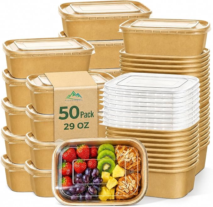 Kaderron 50 Pack 29 OZ Large Paper Bowls with Lids, Heavy Duty Disposable Compostable Container for Party, Disposable Bowls Bulk Soak-Proof and Microwave Safe for Hot/Cold Use