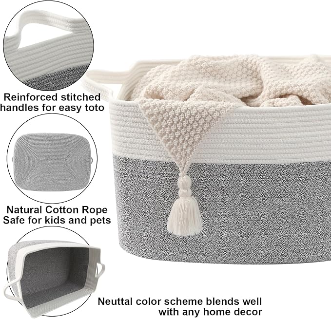 96L Laundry Basket with Handles, Extra Blanket Basket, White/Grey | 24"×16"×15" Collapsible Cotton Rope Storage Basket for Toys Clothes & Pillows, Nursery, Bathroom, Bedroom, Living Room