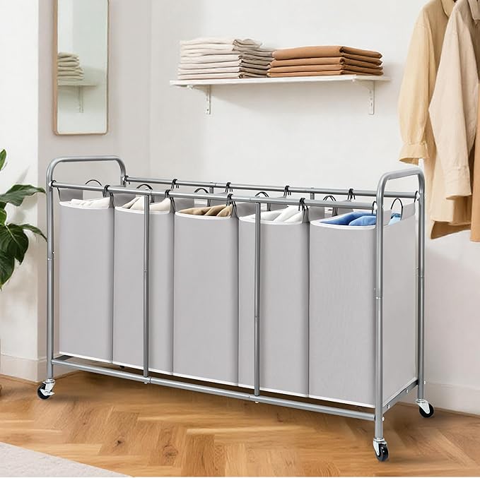 STORAGE MANIAC 5 Section Laundry Sorter, 5 Bins Rolling Separator Laundry Basket, Dirty Clothes Hamper Divider with Heavy Duty Lockable Wheels, Large Clothes Organizer Cart, Gray
