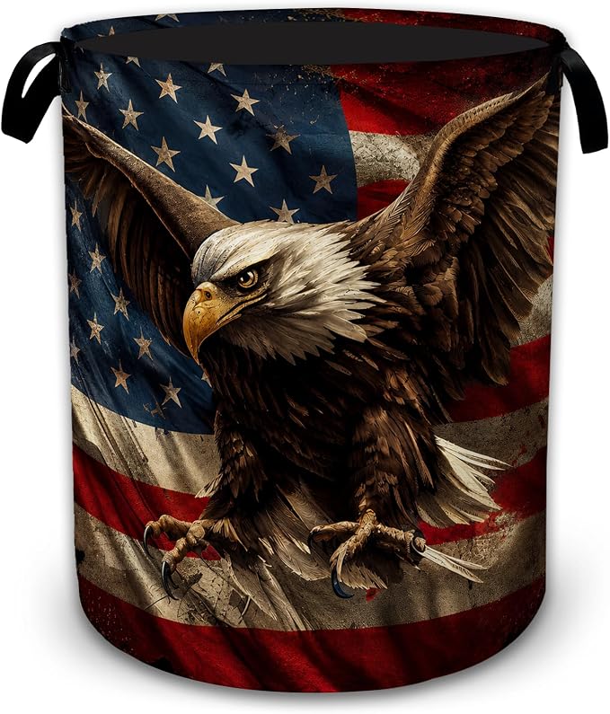 Patriotic Eagle Flag Large Laundry Hamper, Collapsible Oxford Clothes Basket with Handles, Freestanding Dirty Clothes Organizer for Bedroom Bathroom Dorm Laundry Room, 16 x 20.8 Inch