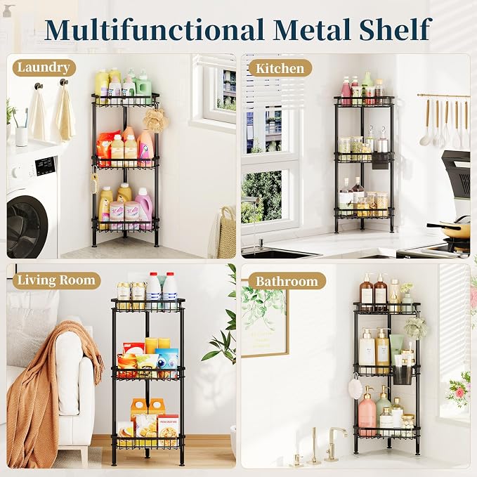 Consumest Corner Shower Caddy Stand - Rustproof Bathroom Organizer&Storage | 3 Tier Shower Shelves for Inside Shower, Stainless Steel Corner Shelf with Soap Holder, 4 Hooks, Brush Holder, Black