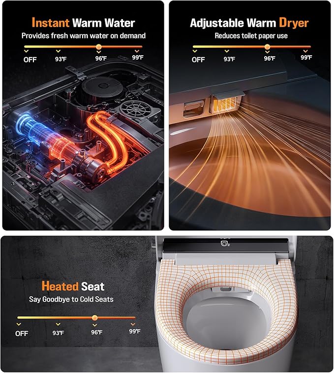 Tankless Smart Toilet Bidet with Auto Open/Close, Dual Auto Flush, Heated Seat, Air Dryer, Multiple Cleaning Modes, One-Piece Design, Blackout Flush, Ideal for Modern Bathrooms