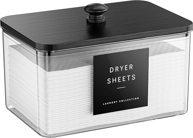 Dryer Sheet Holder with 6 Labels, for Laundry Room Organization and Storage | Clear Dryer Sheet Container with Lid, Dryer Sheet Dispenser, Laundry Pods Storage for Laundry Room Decor（Black）
