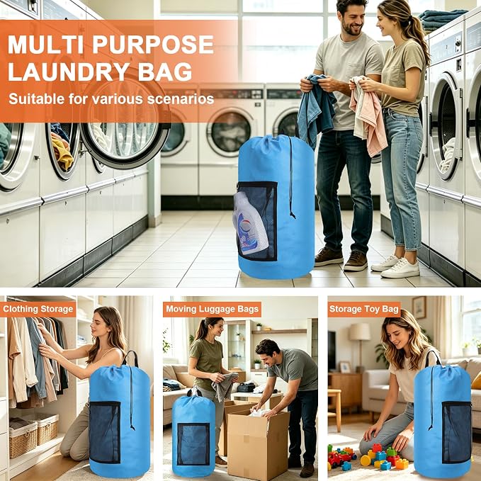 Laundry Bag Backpack Durable Laundry Bag with Shoulder Straps and Mesh Pockets Portable Laundry Hamper Dirty Clothes Bag for College, Travel, Laundromat, Apartment (Blue)