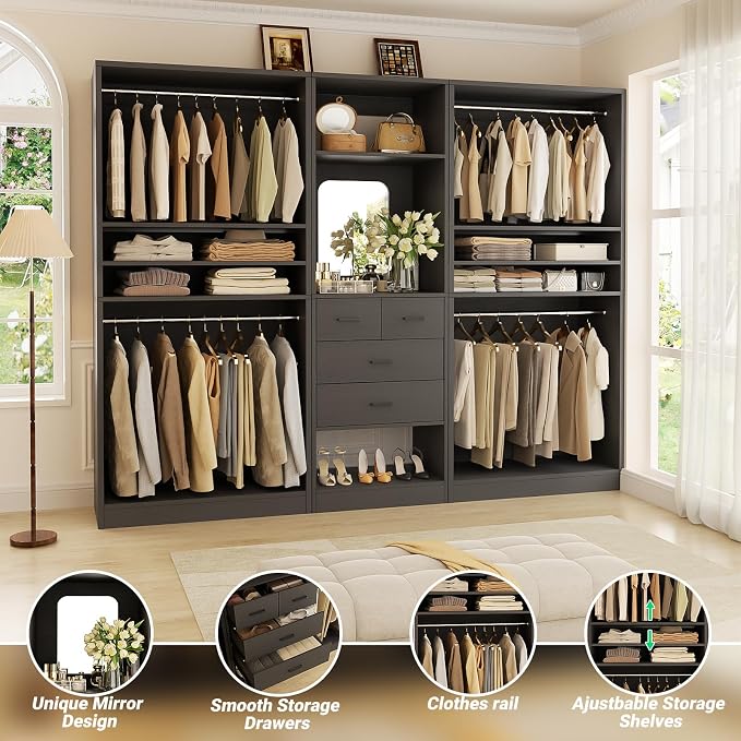 Unikito 98” Closet System with Mirror & 4 Drawers, 8.2FT Heavy Duty Wood Closet Organizer with 4 Hanging Rods, Large Walk-in Wardrobe Garment Rack with Adjustable Shelves, Black