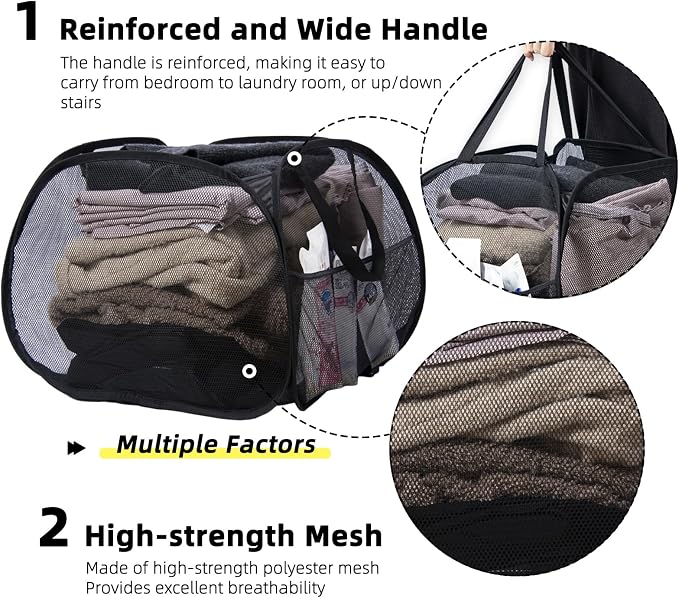 Collapsible Laundry Basket, 90L Mesh Pop-up Hamper with Handles | Foldable Storage Clothes Bag for Laundry, Bathroom, Dorm, Travel, Camping, Space-saving, Black, 2PCS