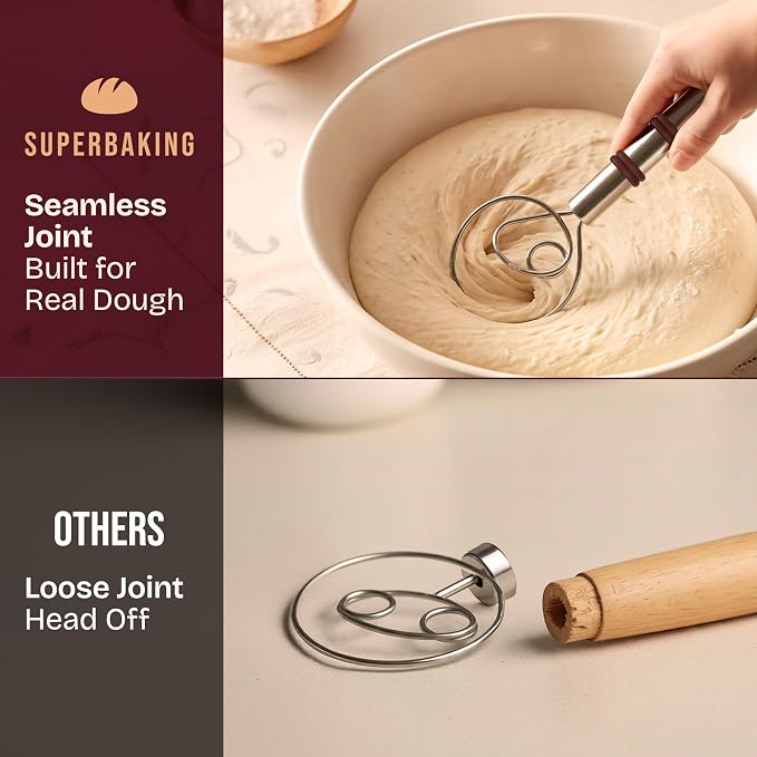 Superbaking Danish Dough Whisk - 12" Bread Whisk for Dough Mixing - Single Eye Design Sourdough Whisk - Sourdough Bread Baking Supplies - Bread Making Tools and Accessories - Ergonomic Stainless Steel