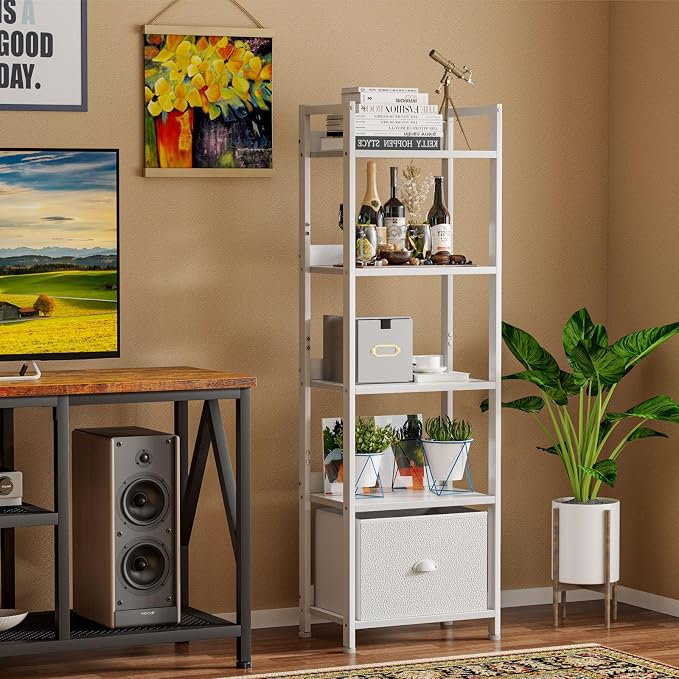 Furologee 5 Tier Bookshelf with Drawer, Tall Narrow Bookcase with Shelves, Wood and Metal Book Shelf Storage Organizer, Modern Display Standing Shelf Unit for Bedroom, Living Room, Office, White