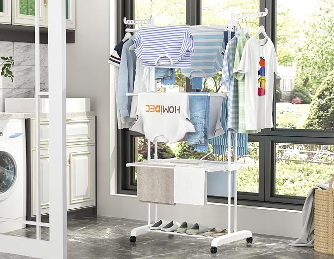 HOMIDEC Clothes Drying Rack, 4-Tier(67.7" H) Foldable Drying Rack Clothing | Foldable Stainless Steel Drying Rack, Movable Laundry Drying Rack with 4 Castors and 14 Hooks for Bed Linen, Clothing, White