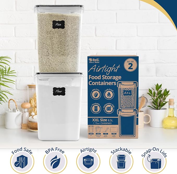 Reli. Airtight Food Storage Containers Stackable 8.5L Flour Sugar (2 Pack) | Pantry Storage, XXL, Freshness Seal, Dry Goods, See-Through, Labels, Measuring Cup, BPA Free, Leak-Proof, Reusable