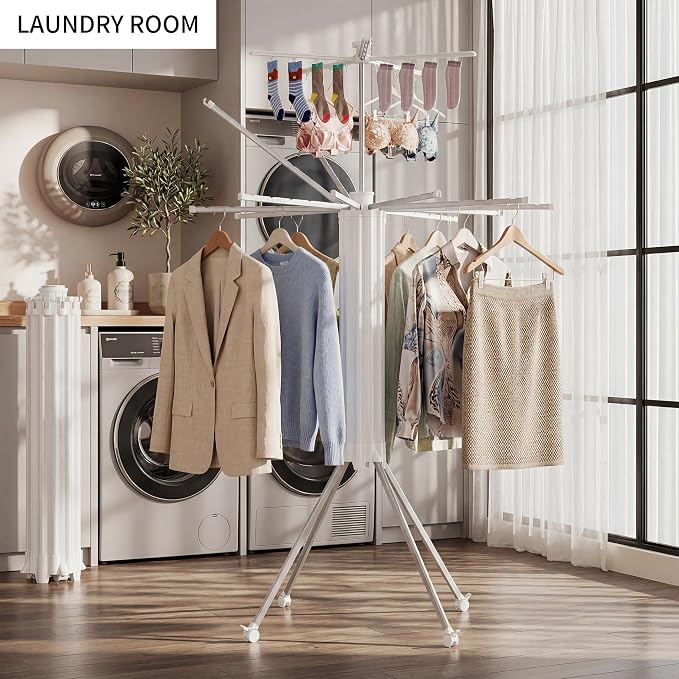 RFOUO Foldable Clothes Drying Rack Aluminum 4 Legs 16 Rods Double Layer | Portable，Space-Saving Freestanding Drying Rack for Indoor Outdoor, Apartment, Bedroom, Laundry Room