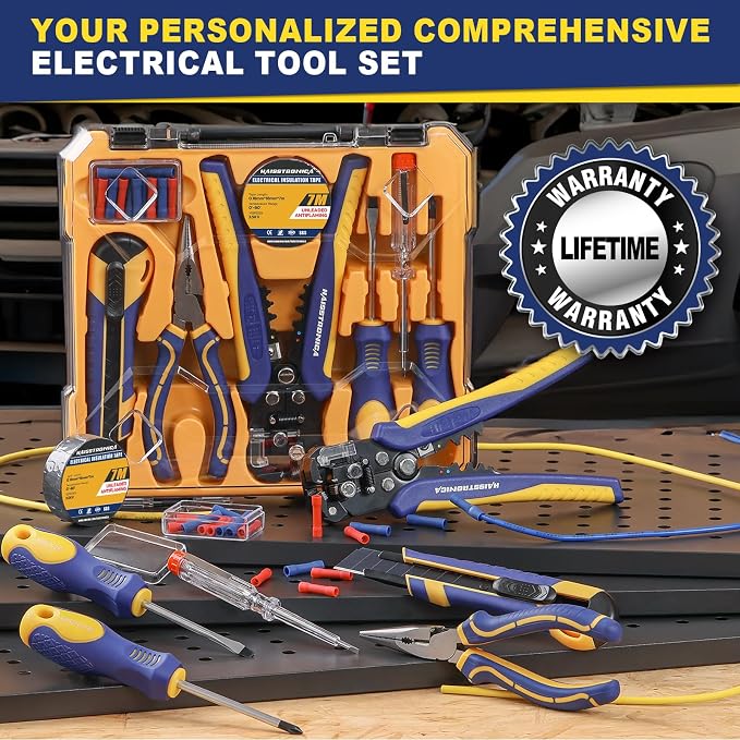 haisstronica 8PCS Electrician Tool Kit, Automatic Wire Stripper, Pliers | Voltage Pen, 2 Drivers, Utility Knife, Tape, Storage Case, Electronics Repairs