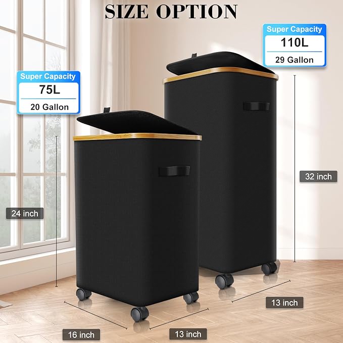 Laundry Hamper with Wheels,20 Gal (75L) Laundry Basket with lid Rolling Clothes Hamper Foldable Dirty Clothes Basket on wheels with Bamboo Frame and Bag for Bedroom, Dorm, Laundry Room-Black | Clothes Hampers for Laundry with Inner Bag, Dirty Clothes H...