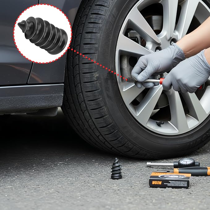 61 PCS Tire Repair Rubber Nail Kit, Vacuum Tire Repair Kits Spiral Rubber Screws, Fast Self-Service Tool for Car, Truck, Motorcycle, Tractor Tire Puncture Repair (Screwdriver included)