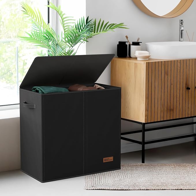 Simple Houseware Double Laundry Hamper with Lid & Removable Bags, Black | Heavy Duty 600D Polyester, Water-Resistant Surface