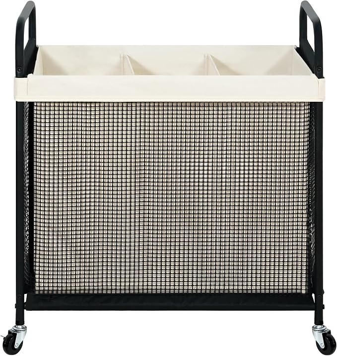 STO STO Laundry Hamper 3 Section, 120L Rolling Laundry Sorter Cart with Removable and Washable Liner Bag, Clothes Hamper with Wheels and Metal Handle for Laundry Room and Bedroom