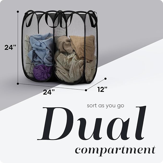 Handy Laundry Double Pop Up Hamper, 2 Section Mesh Basket, Black | Collapsible Laundry Basket, 44 Gal Foldable Divided Sorter, Reinforced Handles, Dual Compartment for Dorm, Travel, Apartment
