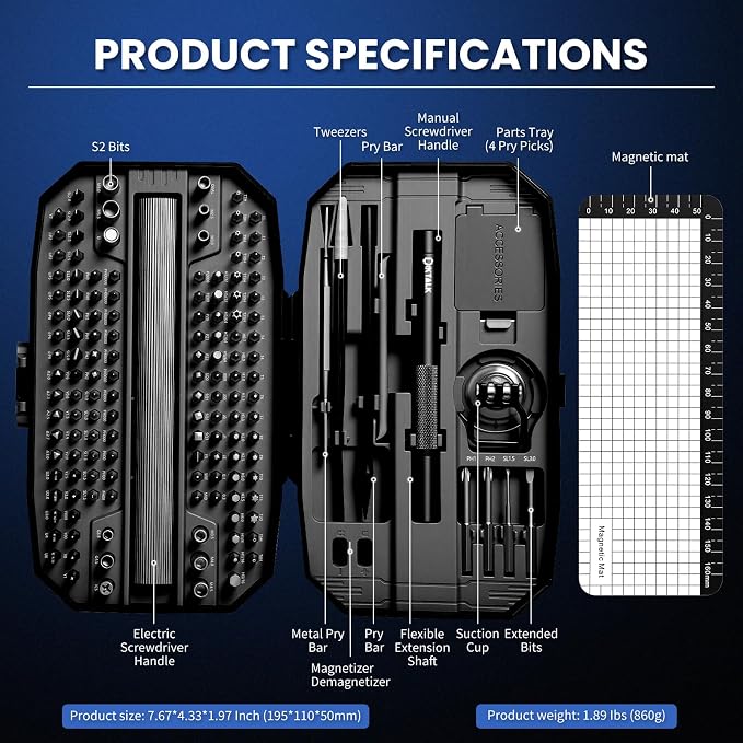 153PCS Precision Electric Screwdriver Set,Mini Magnetic Repair Kit with 140 S2 Bits,Rechargeable 3-Speed Electric Screwdriver,Manual&Electric Dual Mode,LED Light for iPhone,Laptop,PC,Electronics