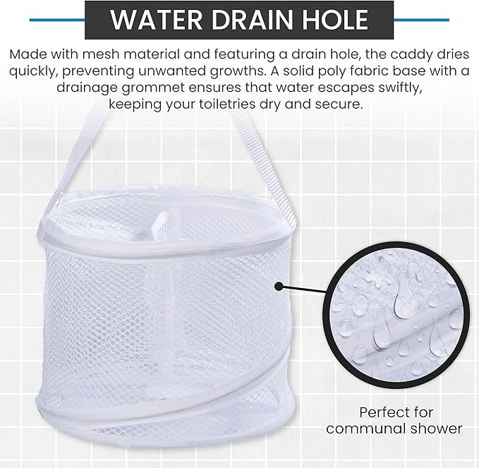 Handy Laundry Portable Shower Caddy Mesh Basket, Small Collapsible Foldable Toiletry Caddy with Handle | Quick Dry Drain Hole, Large Compartments for College Dorm, Gym, Travel, Camping, White