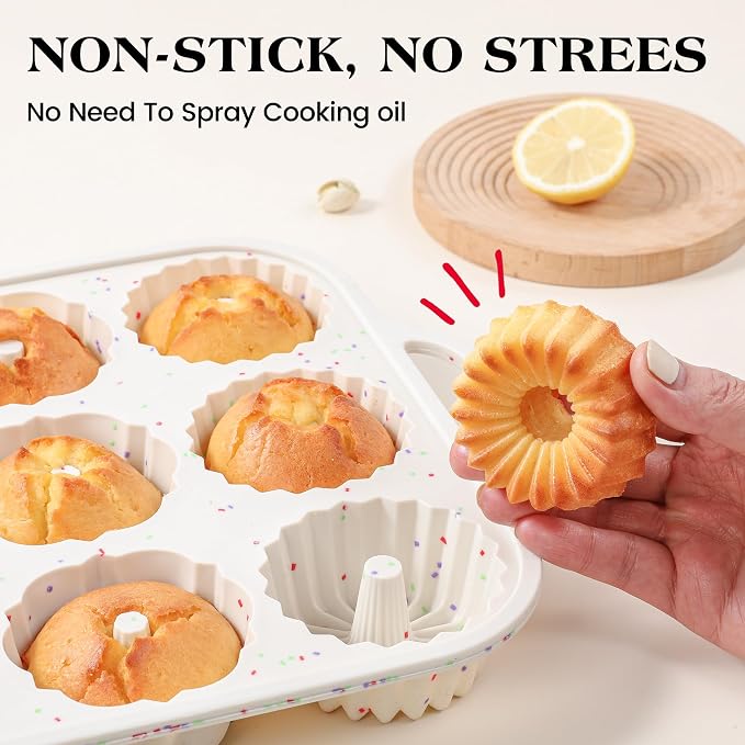 1 Pc Silicone Mini Fluted Tube Cake Pans with Metal Frame, 6-Cavity Non-Stick Moldes De Silicona Para Gelatina, Mini Flan Molds for Cupcake, Donuts, Muffin, Cornbread, Brownie, Jellies (Cream)